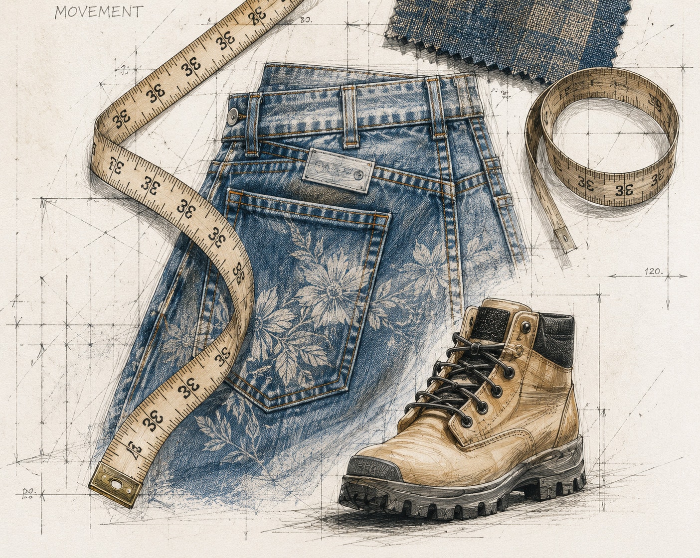 Apparel industry illustration of denim, fabric swatches, and footwear representing Silinol's textile coating applications