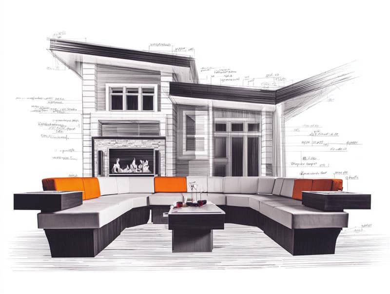 Architectural and interior design illustration of a modern outdoor living space representing Silinol's surface coating applications for furniture and building materials