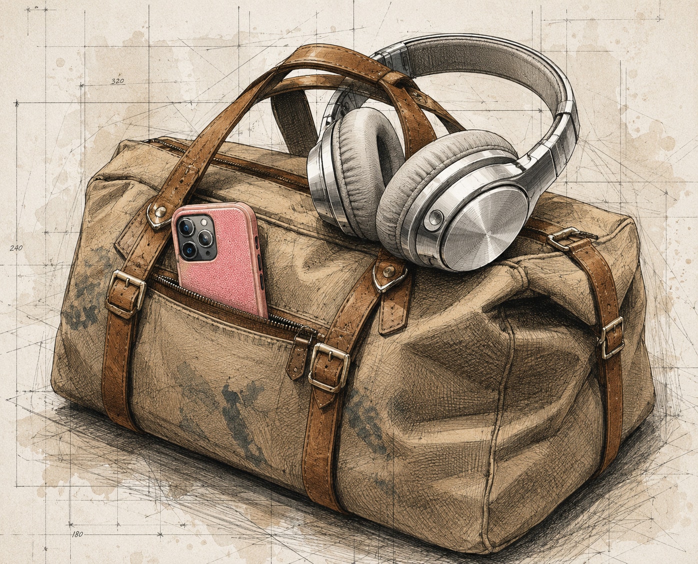 Consumer goods and electronics illustration of a canvas duffle bag, headphones, and smartphone representing Silinol's surface coating applications for everyday products