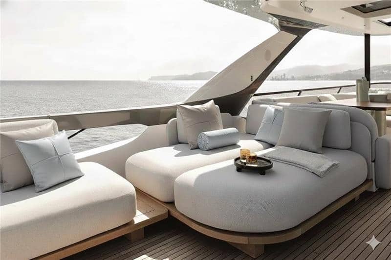 Wide shot of a yacht's outdoor lounge deck with white cushioned seating, throw pillows, and a bolster pillow arranged around a low black tray table, overlooking open water and a distant coastline.